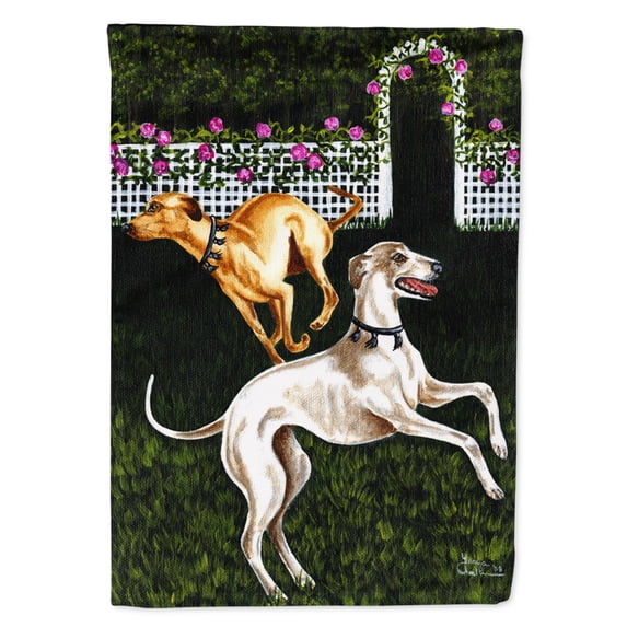Carolines Treasures AMB1354GF Rose Garden Frolick Greyhounds Flag Garden Size Small multicolor