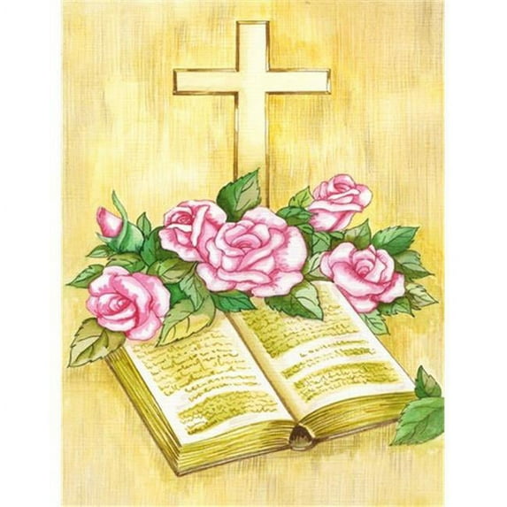 Carolines Treasures APH4072CHF Easter Cross and Bible with Roses Flag Canvas House Size  Large multicolor
