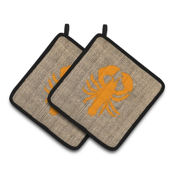 Carolines Treasures BB1015-BL-OR-PTHD Lobster Faux Burlap and Orange Pair of Pot Holders , 7.5HX7.5W, multicolor