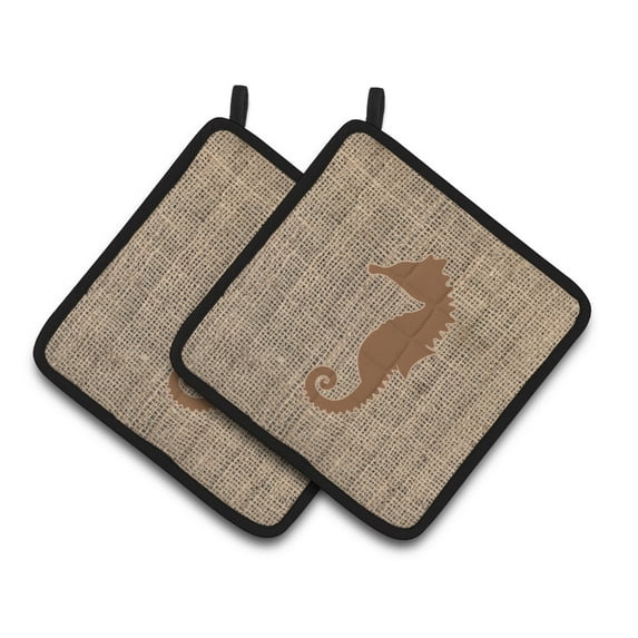 Sea Horse Faux Burlap and Brown Pair of Pot Holders