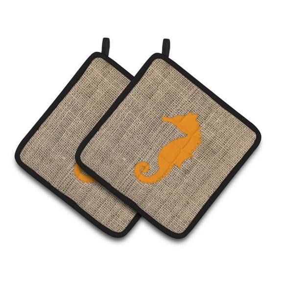 Carolines Treasures BB1018-BL-OR-PTHD Sea Horse Faux Burlap and Orange Pair of Pot Holders , 7.5HX7.5W, multicolor