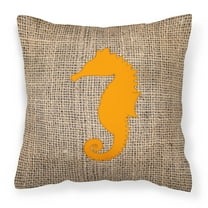 Carolines Treasures BB1018-BL-OR-PW1414 Sea Horse Burlap and Orange   Canvas Fabric Decorative Pillow BB1018 14Hx14W