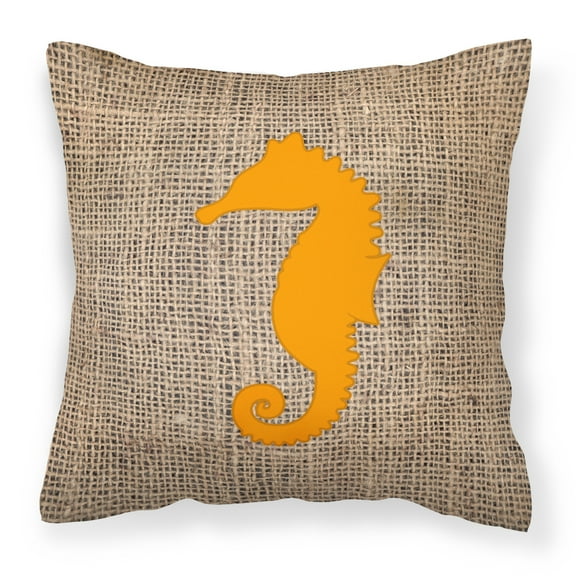 Carolines Treasures BB1018-BL-OR-PW1414 Sea Horse Burlap and Orange   Canvas Fabric Decorative Pillow BB1018 14Hx14W