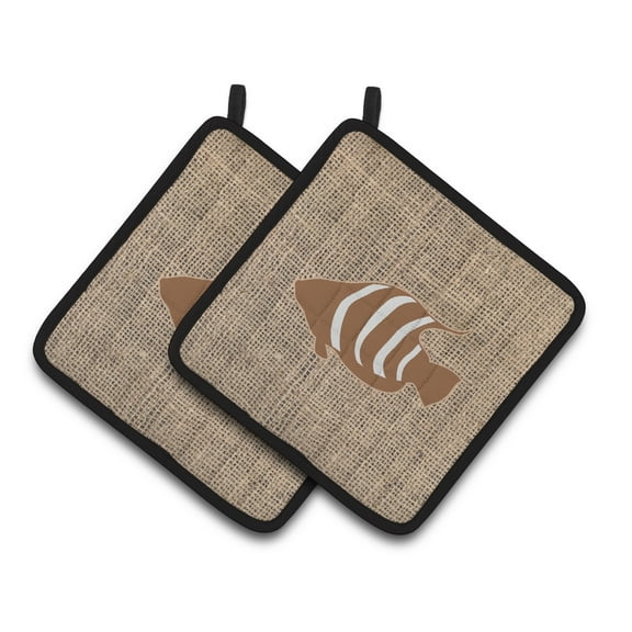 Carolines Treasures BB1020-BL-BN-PTHD Fish Faux Burlap and Brown Pair of Pot Holders , 7.5HX7.5W, multicolor