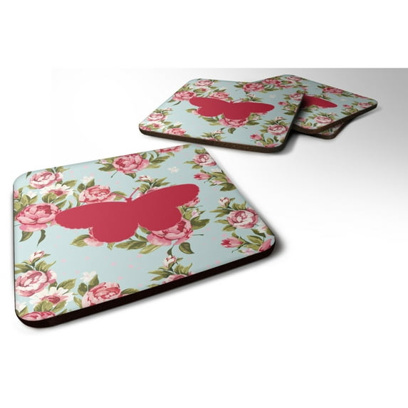 Carolines Treasures BB1052-RS-BU-FC Butterfly Shabby Chic Blue Roses Foam Coaster Set of 4 Blue 3 1/2 x 3 1/2 multicolor