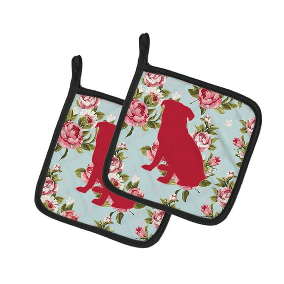 Carolines Treasures BB1084-RS-BU-PTHD Pug Shabby Chic Blue Roses Pair of Pot Holders 7.5HX7.5W multicolor