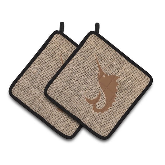 Carolines Treasures BB1097-BL-BN-PTHD Fish - Sword Fish Faux Burlap and Brown Pair of Pot Holders , 7.5HX7.5W,