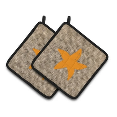Carolines Treasures BB1100-BL-OR-PTHD Starfish Faux Burlap and Orange Pair of Pot Holders , 7.5HX7.5W, multicolor