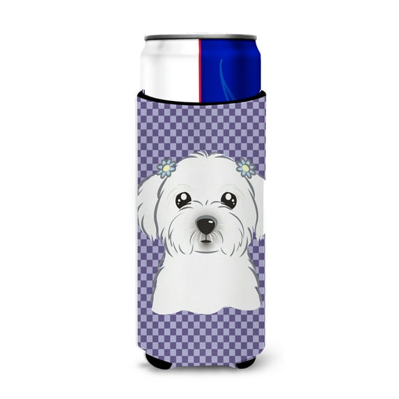 Carolines Treasures BB1134MUK Purple Checkered Maltese Ultra Beverage Insulators for slim cans Slim Can multicolor