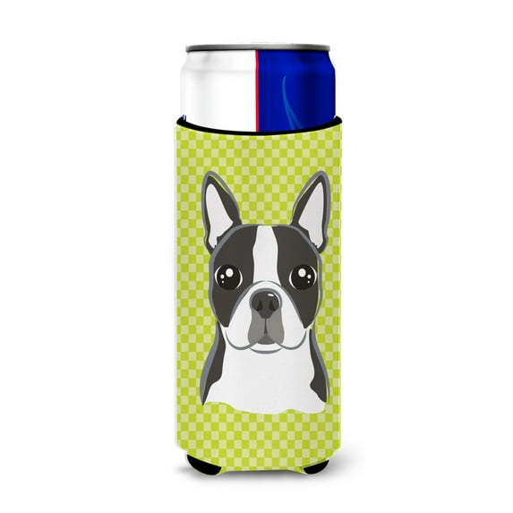 Carolines Treasures BB1139MUK Lime Checkered Boston Terrier Ultra Beverage Insulators for slim cans Slim Can multicolor