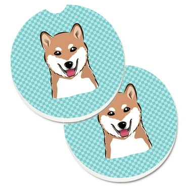 Carolines Treasures BB1163CARC Checkerboard Blue Shiba Inu Set of 2 Cup Holder Car Coasters  Large multicolor