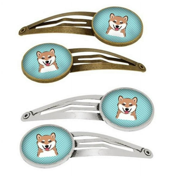 Carolines Treasures BB1163HCS4 Checkerboard Blue Shiba Inu Barrettes Hair Clips, Set of 4