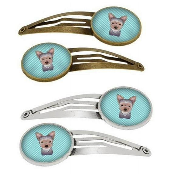 Carolines Treasures BB1170HCS4 Checkerboard Blue Yorkie Puppy Barrettes Hair Clips, Set of 4