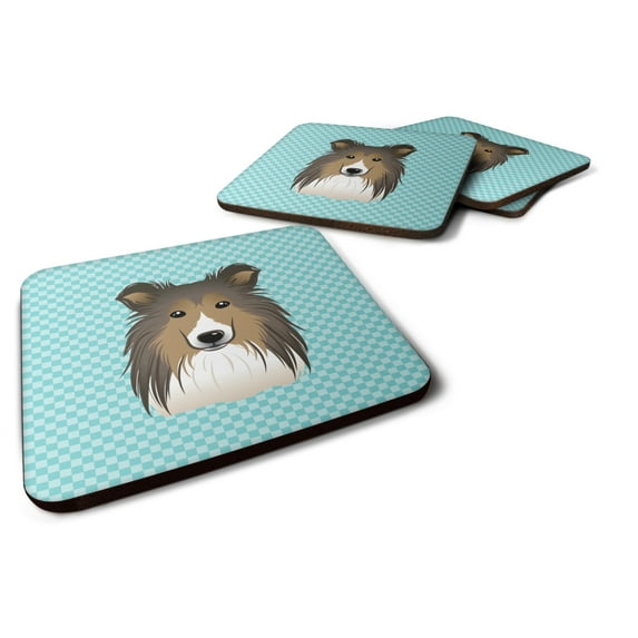 Carolines Treasures BB1180FC Checkerboard Blue Sheltie Foam Coaster Set of 4 3 1/2 x 3 1/2 multicolor