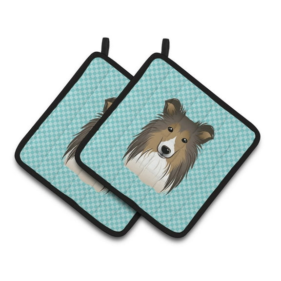 Carolines Treasures BB1180PTHD Checkerboard Blue Sheltie Pair of Pot Holders , 7.5HX7.5W, multicolor
