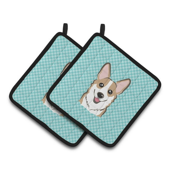 Carolines Treasures BB1191PTHD Checkerboard Blue Corgi Pair of Pot Holders , 7.5HX7.5W, multicolor