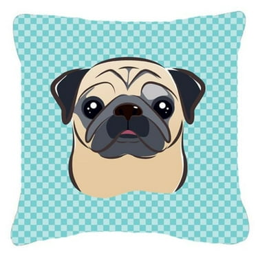 Carolines Treasures BB1200PW1818 Checkerboard Blue Fawn Pug Fabric Decorative Pillow- 18 x 18 In.