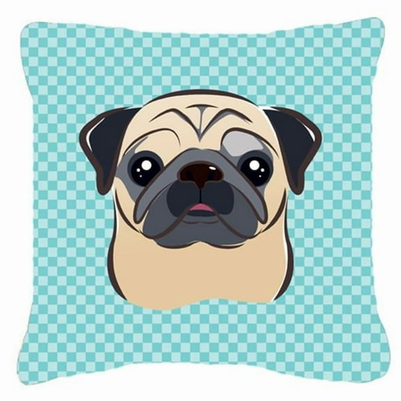 Carolines Treasures BB1200PW1818 Checkerboard Blue Fawn Pug Fabric Decorative Pillow- 18 x 18 In.