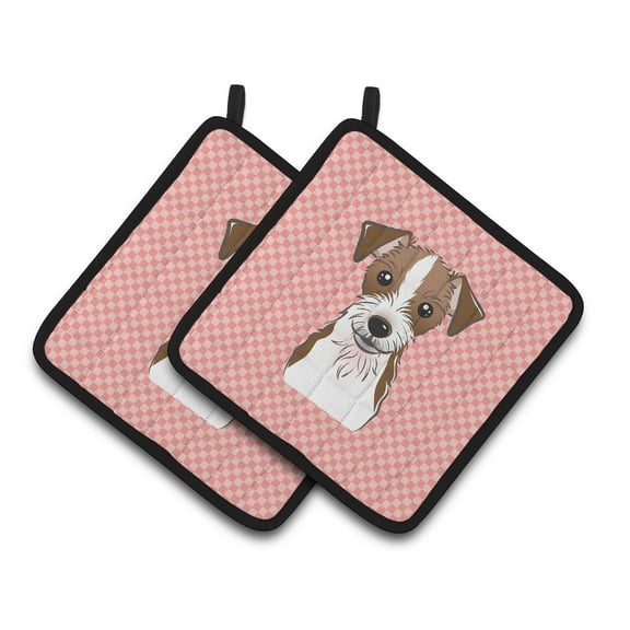 Carolines Treasures BB1202PTHD Checkerboard Pink Jack Russell Terrier Pair of Pot Holders 7.5HX7.5W multicolor