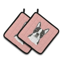 Carolines Treasures BB1203PTHD Checkerboard Pink Boston Terrier Pair of Pot Holders , 7.5HX7.5W, multicolor