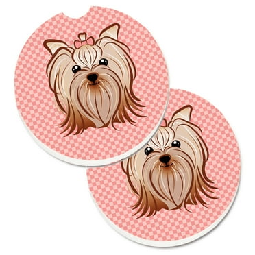 Carolines Treasures BB1204CARC Checkerboard Pink Yorkie Yorkishire Terrier Set of 2 Cup Holder Car Coasters  Large