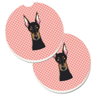 Carolines Treasures BB1245CARC Checkerboard Pink Doberman Set of 2 Cup Holder Car Coasters  Large multicolor