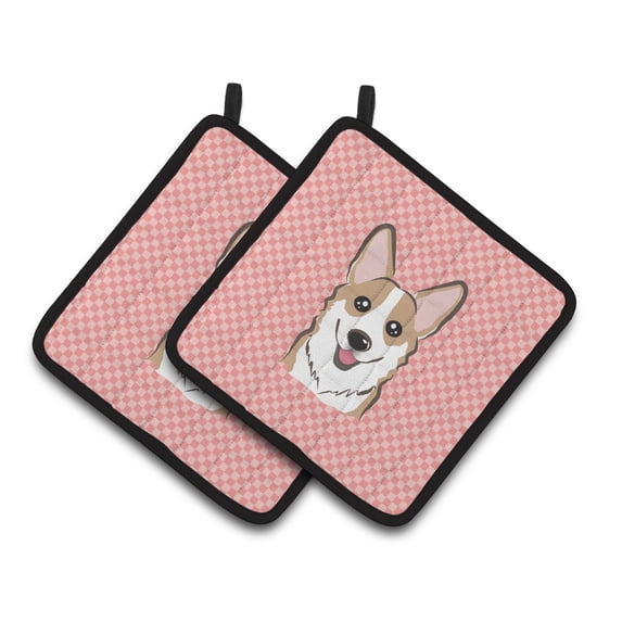 Carolines Treasures BB1253PTHD Checkerboard Pink Corgi Pair of Pot Holders , 7.5HX7.5W, multicolor