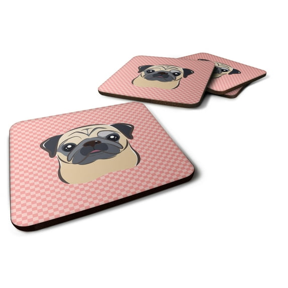 Carolines Treasures BB1262FC Checkerboard Pink Fawn Pug Foam Coaster Set of 4 3 1/2 x 3 1/2 multicolor