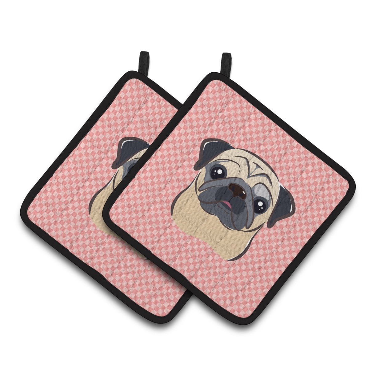 Carolines Treasures BB1262PTHD Checkerboard Pink Fawn Pug Pair of Pot Holders , 7.5HX7.5W, multicolor