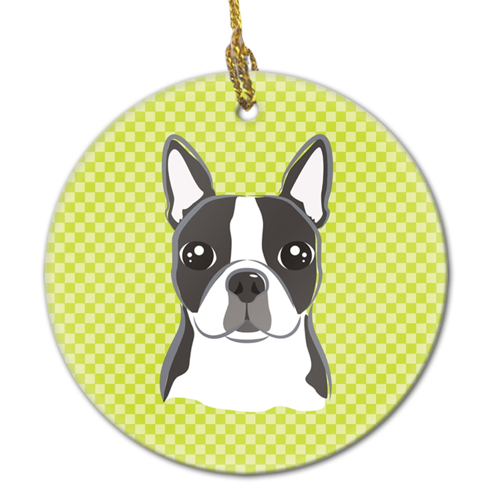 Carolines Treasures BB1265CO1 Checkerboard Lime Green Boston Terrier Ceramic Ornament 3 in multicolor