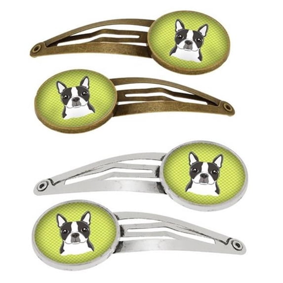 Carolines Treasures BB1265HCS4 Checkerboard Lime Green Boston Terrier Barrettes Hair Clips, Set of 4