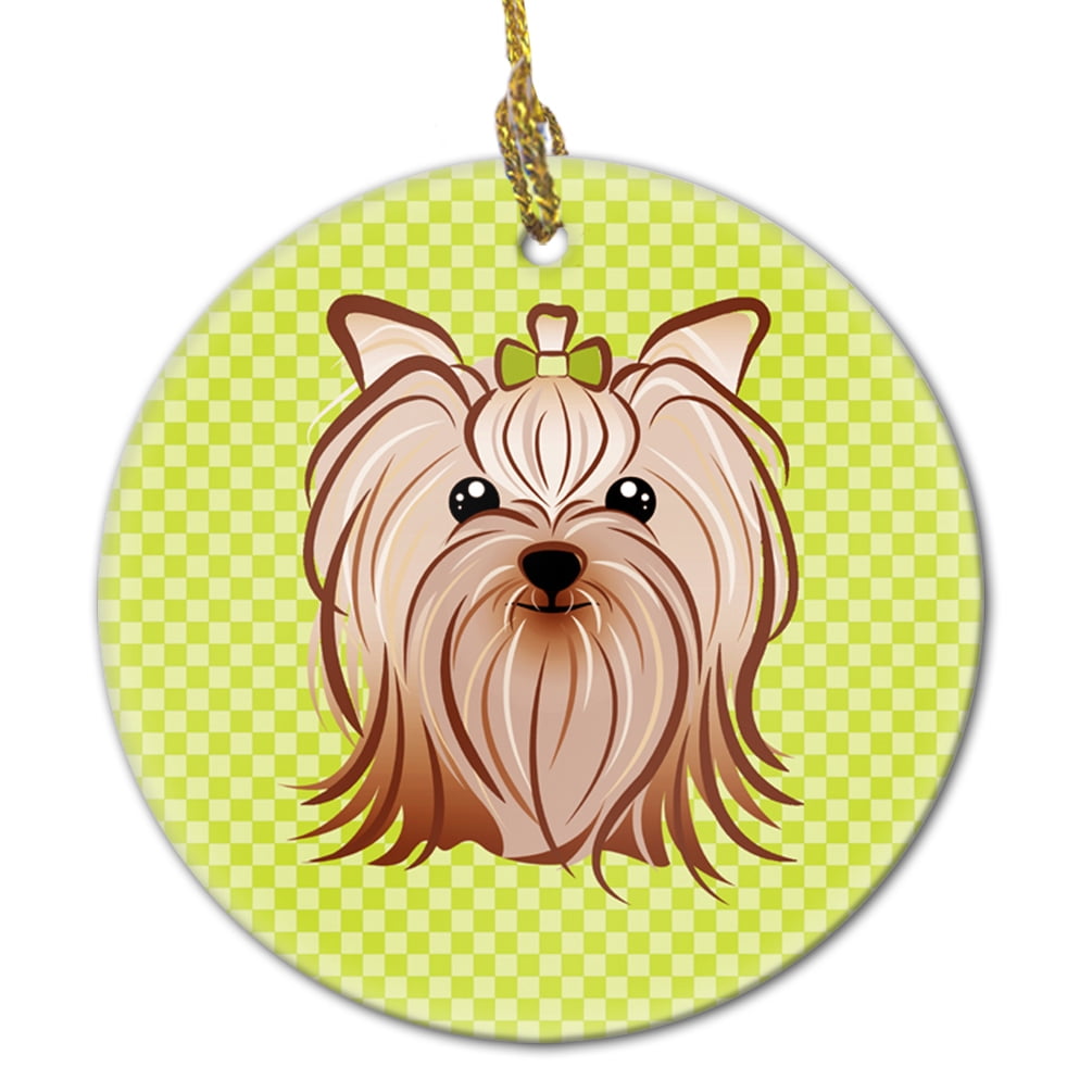 Carolines Treasures BB1266CO1 Checkerboard Lime Green Yorkie Yorkishire Terrier Ceramic Ornament 3 in multicolor