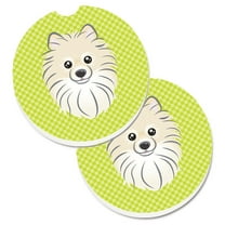 Carolines Treasures BB1269CARC Checkerboard Lime Green Pomeranian Set of 2 Cup Holder Car Coasters  Large multicolor