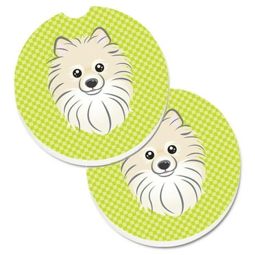 Carolines Treasures BB1269CARC Checkerboard Lime Green Pomeranian Set of 2 Cup Holder Car Coasters  Large multicolor