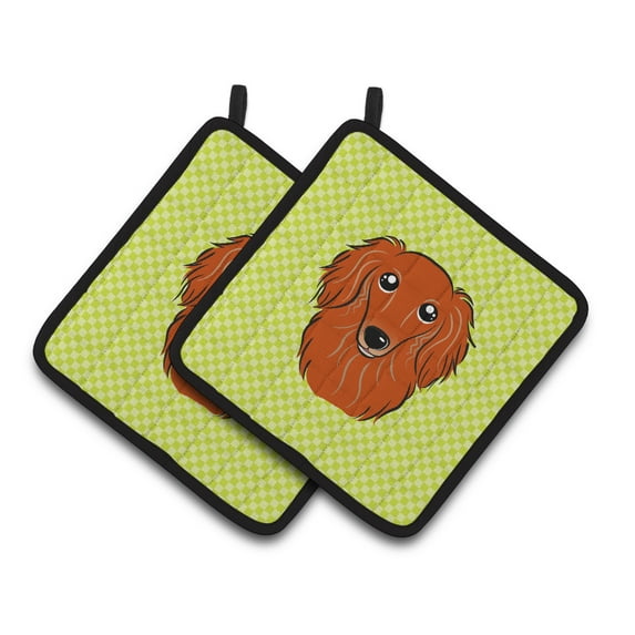 Carolines Treasures BB1276PTHD Checkerboard Lime Green Longhair Red Dachshund Pair of Pot Holders 7.5HX7.5W multicolor