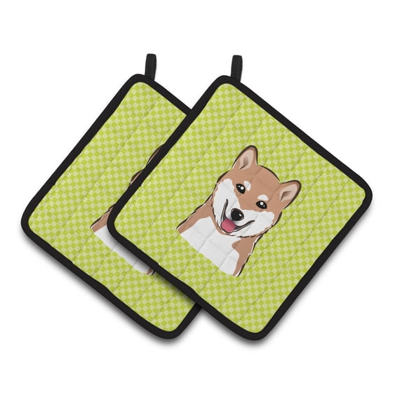 Carolines Treasures BB1287PTHD Checkerboard Lime Green Shiba Inu Pair of Pot Holders , 7.5HX7.5W, multicolor