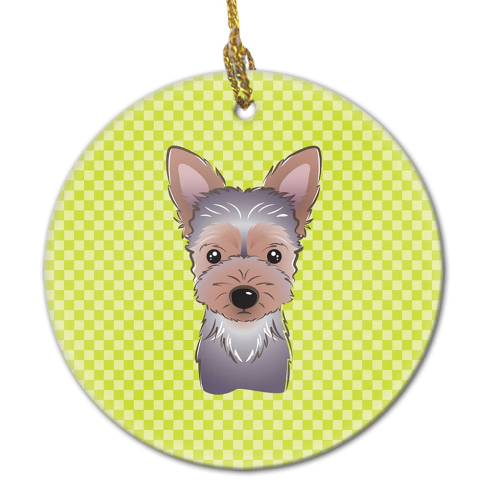 Carolines Treasures BB1294CO1 Checkerboard Lime Green Yorkie Puppy Ceramic Ornament 3 in multicolor