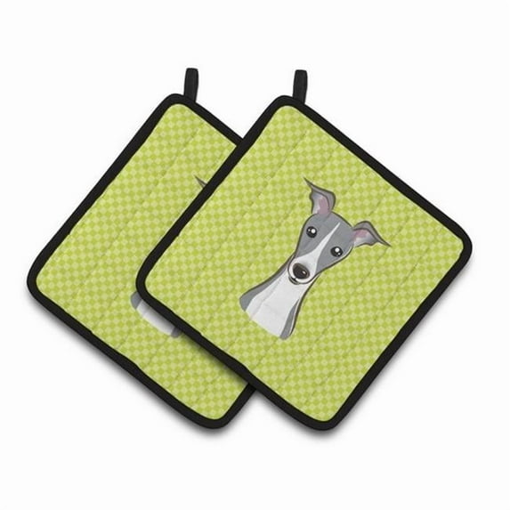 Carolines Treasures BB1298PTHD Checkerboard Lime Green Italian Greyhound Pair of Pot Holders , 7.5HX7.5W, multicolor