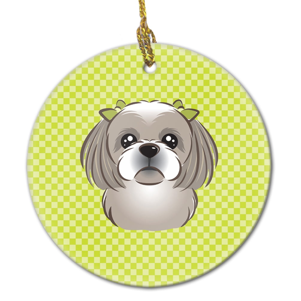Carolines Treasures BB1312CO1 Checkerboard Lime Green Gray Silver Shih Tzu Ceramic Ornament 3 in multicolor