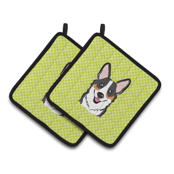 Carolines Treasures BB1317PTHD Checkerboard Lime Green Corgi Pair of Pot Holders , 7.5HX7.5W, multicolor