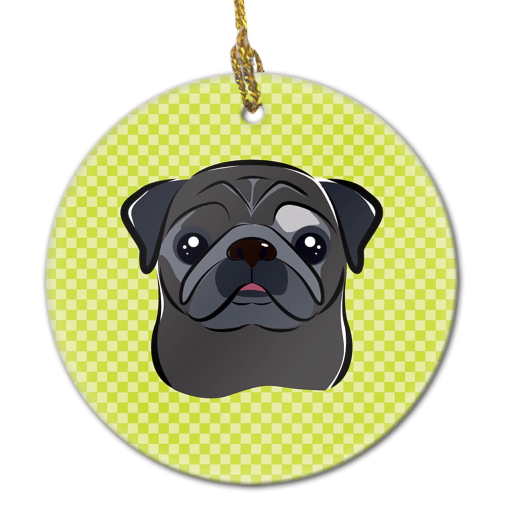 Carolines Treasures BB1325CO1 Checkerboard Lime Green Black Pug Ceramic Ornament 3 in multicolor