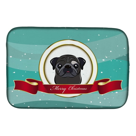 Black Pug Merry Christmas Dish Drying Mat