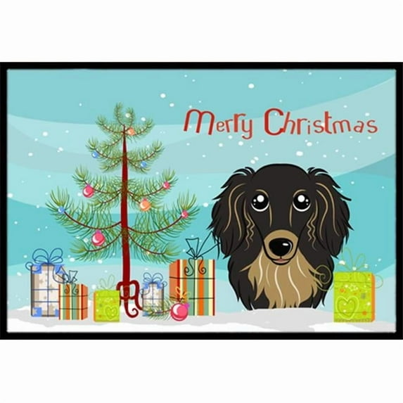 Carolines Treasures BB1585MAT Christmas Tree & Longhair Black & Tan Dachshund Indoor or Outdoor Mat- 18 x 27