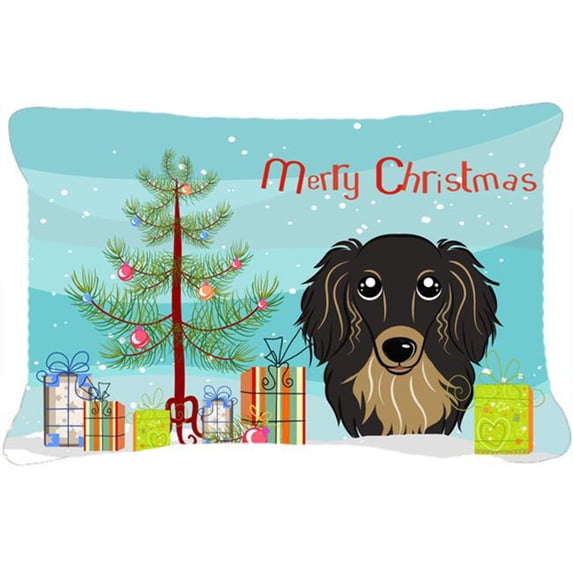 Carolines Treasures BB1585PW1216 Christmas Tree and Longhair Black and Tan Dachshund Canvas Fabric Decorative Pillow,