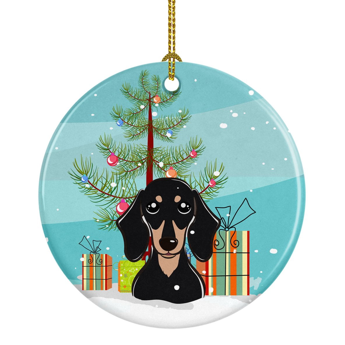 Carolines Treasures BB1587CO1 Christmas Tree and Smooth Black and Tan Dachshund Ceramic Ornament 3 in multicolor