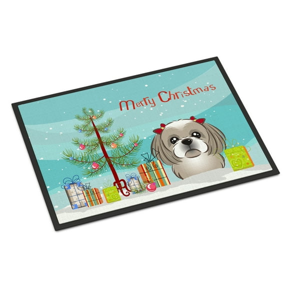 Carolines Treasures BB1622JMAT Christmas Tree and Gray Silver Shih Tzu Door Mat Indoor Rug or Outdoor Welcome Mat 24x36