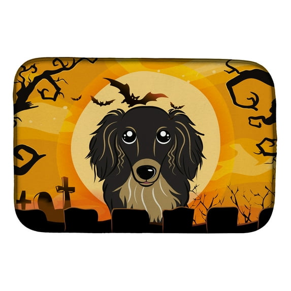 Halloween Longhair Black and Tan Dachshund Dish Drying Mat