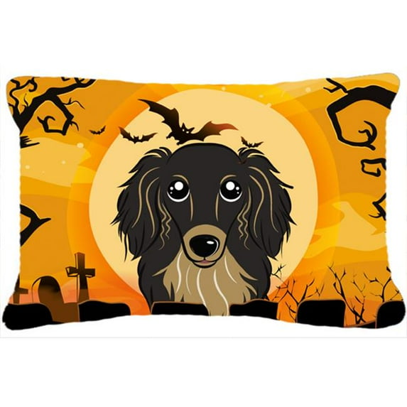 Carolines Treasures BB1771PW1216 Halloween Longhair Black and Tan Dachshund Canvas Fabric Decorative Pillow, 12H x16W,