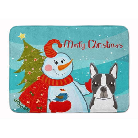 Snowman with Boston Terrier Machine Washable Memory Foam Mat