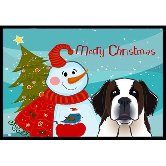 Caroline's Treasures BB1866MAT Snowman with Saint Bernard Door Mat, Indoor Rug or Outdoor Welcome Mat 18x27 Doormat ,